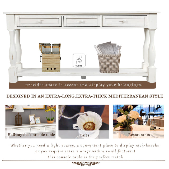 TREXM Console Table 64" Long Sofa Table Easy Assembly with Drawers and Shelf for Entryway, Hallway, Living Room (Antique White)