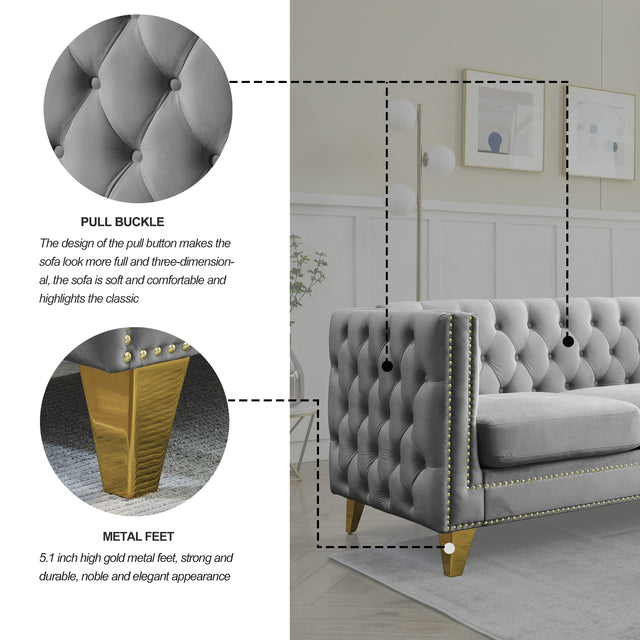 {Contact us for 3D modeling} Velvet Sofa for Living Room,Buttons Tufted Square Arm Couch, Modern Couch Upholstered Button and Metal Legs, Sofa Couch for Bedroom, Grey Velvet