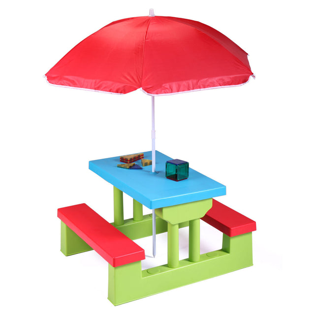 Kid Outdoor Picnic Table Set with Removable and Foldable Umbrella, Junior Activity Play Table with Bench, Multicolor
