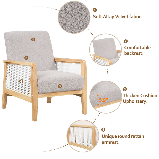 【EAT 3.10】Mid-Century Armchair Rattan Mesh Upholstered Accent Chair,Teddy Short Plush Particle Velvet Armchair for Living Room,Bedroom, Office, Studio,Grey