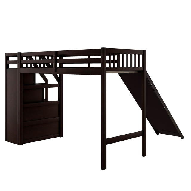 Twin Size Loft Bed with Storage and Slide, Espresso