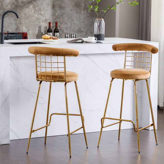 Bar Stool Set of 2, Luxury Velvet High Bar Stool with Metal Legs and Soft Back, Pub Stool Chairs Armless Modern Kitchen High Dining Chairs with Metal Legs, Camel
