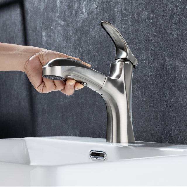 Pull Out Bathroom Faucet, Single Hole Bathroom Sink Faucet with 3 Modes Pull Down Sprayer, One Handle Modern Vanity Faucet, Farmhouse Lavatory Faucet