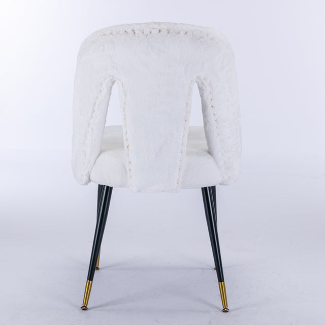 A&A Furniture,Akoya Collection Modern | Contemporary Rabbit Fur Fibre Upholstered Dining Chair with Nailheads and Gold Tipped Black Metal Legs, Cream White,Set of 2