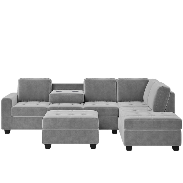 Orisfur. Modern Sectional Sofa with Reversible Chaise, L Shaped Couch Set with Storage Ottoman and Two Cup Holders for Living Room