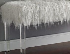 1-Pc Casual White Bench Faux Fur Seat Glam Accent