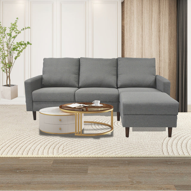 Redde Boo modern light gray fabric L shaped sofa, full K/D 3 seater sofa and stool with storage for living room sofa set