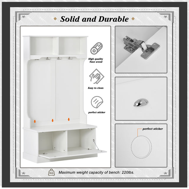 ON-TREND Hall Tree with 4 Hooks, Coat Hanger, Entryway Bench, Storage Bench, 3-in-1 Design, for Livingroom, Hallway (white)