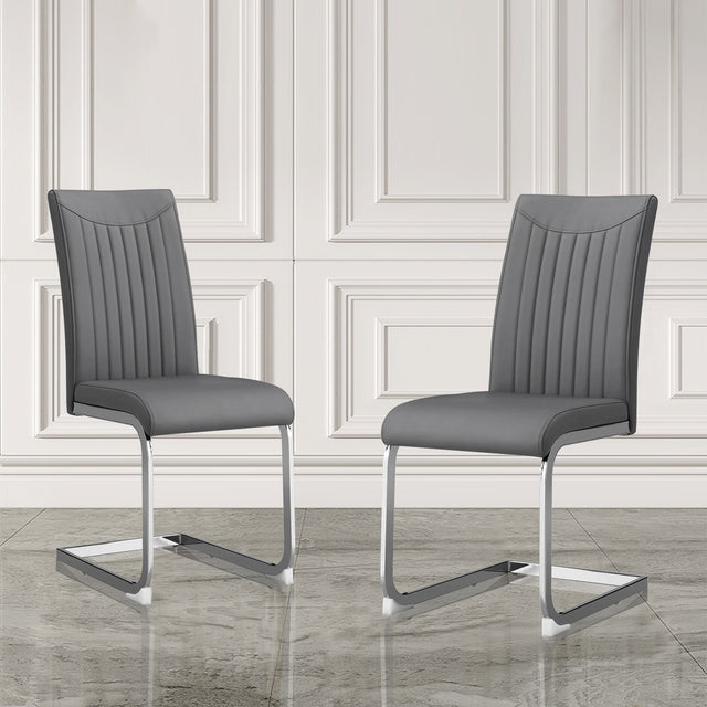 Modern Dining Plating leg Dining chair Chair, PU Leather High Back Cushion Side Chair with Vertical stripe backrest pattern for Dining Room Kitchen Vanity Patio Office Chair (Set of 2) (Grey+PU)
