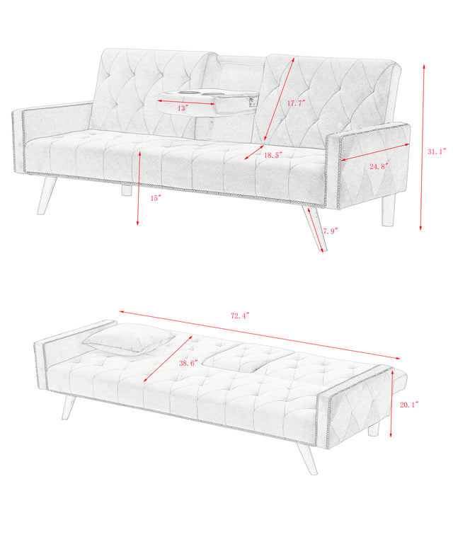 1730 Sofa Bed Armrest with Nail Head Trim with Two Cup Holders 72" Green Velvet Sofa for Small Spaces