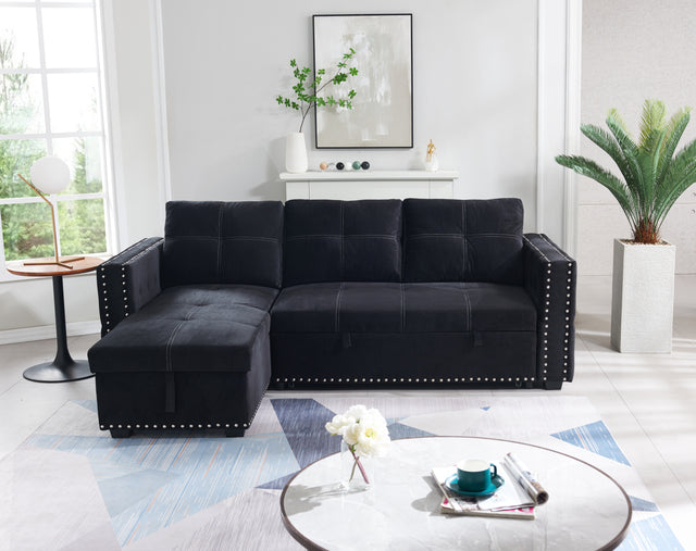 Sectional sofa with pulled out bed, 2 seats sofa and reversible chaise with storage, both hands with copper nail, BLACK, (91" x 64" x 37")