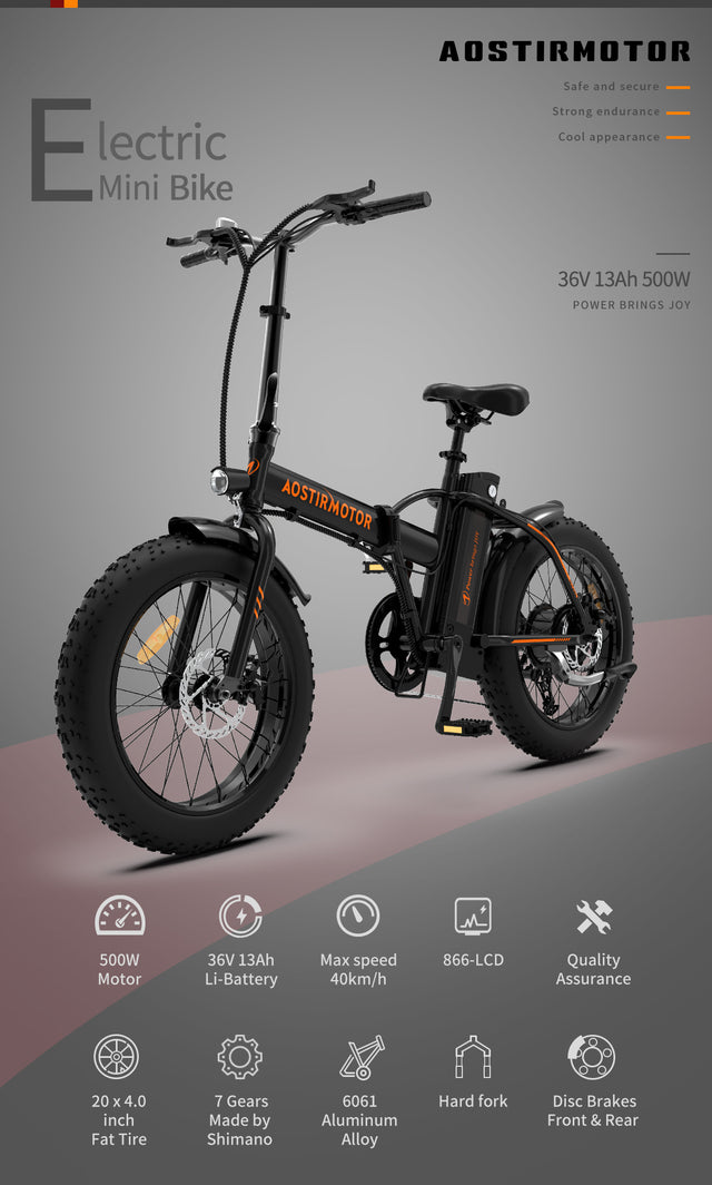AOSTIRMOTOR Folding Electric Bike Ebike Bicycle 500W Motor 20" Fat Tire With 36V/13Ah Li-Battery Beach Snow Bicycle A20