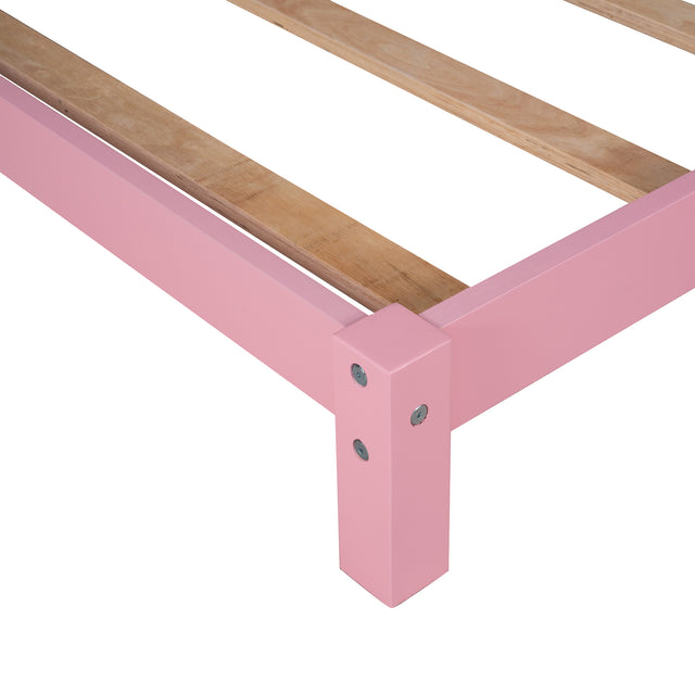 Twin Size Wood Platform Bed with House-shaped Headboard (Pink)