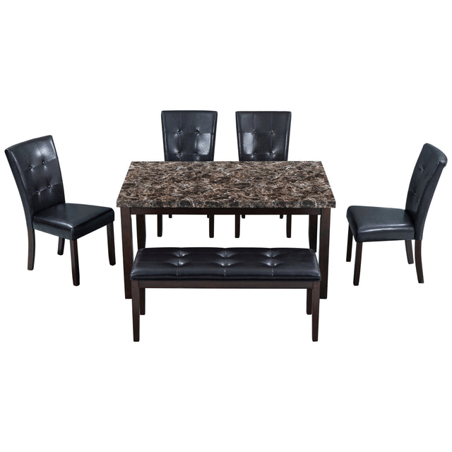 6-piece Faux Marble Dining Table Set with one Faux Marble Dining Table ,4 Chairs and 1 Bench, Table: 60”x38”x 30”,Chair: 20.2”x28.5”x39”, Black