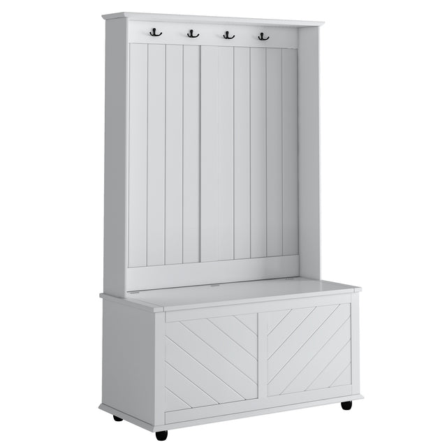 U-Can Hall Tree with 4 Hooks , Coat Hanger, Entryway Bench, Storage Bench, 3-in-1 Design, 40INCH, for Entrance, Hallway (White)