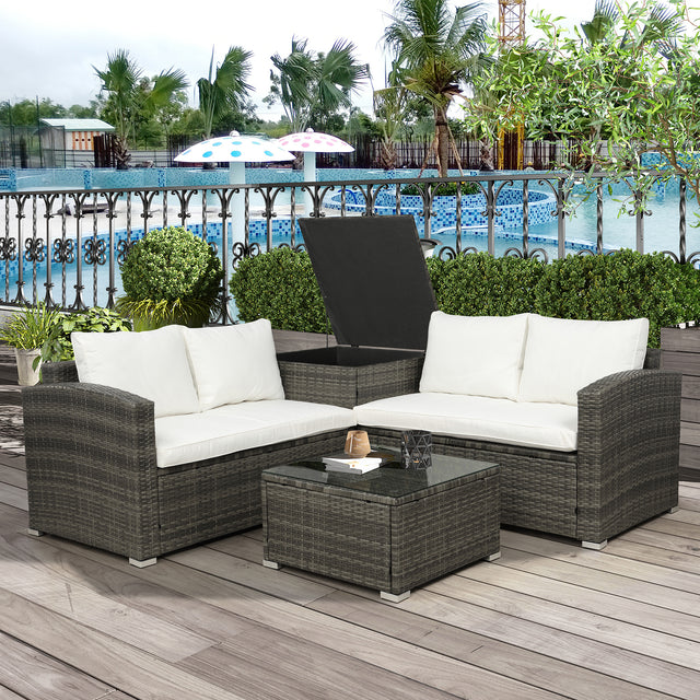 TOPMAX 4 PCS Outdoor Cushioned PE Rattan Wicker Sectional Sofa Set Garden Patio Furniture Set (Beige Cushion)