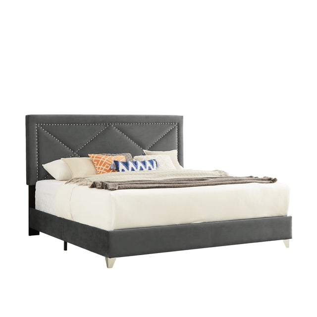 B109 King bed .Beautiful brass studs adorn the headboard, strong wooden slats + metal legs with Electroplate