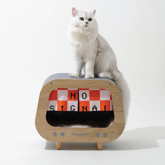 Classic Wooden TV-Shaped Cat Bed, Cat House with Cushion, Grey