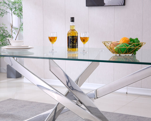 Modern Tempered Glass Top Dining Table, Silver Mirrored Finish