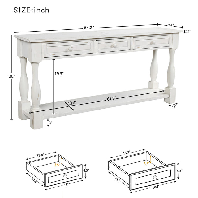 TREXM Console Table 64" Long Sofa Table Easy Assembly with Drawers and Shelf for Entryway, Hallway, Living Room (Antique White)