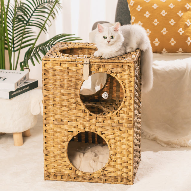 Rattan Cat Litter,Cat Bed with Rattan Ball and Cushion,Brown