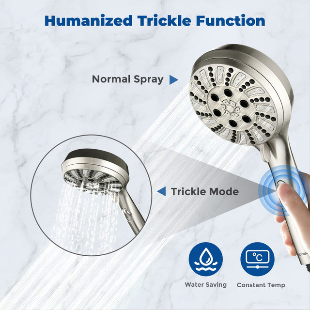 Shower Head Combo - 4.5" 6-Setting Handheld Showerhead and 7" 5-Setting Rainfall Spray, One Click for High Pressure/Trickle Mode, with 70β Longer Stainless Steel Hose, Brushed Nickel