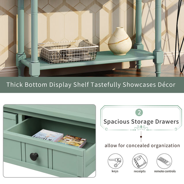 TREXM Daisy Series Console Table Traditional Design with Two Drawers and Bottom Shelf Acacia Mangium (Retro blue)