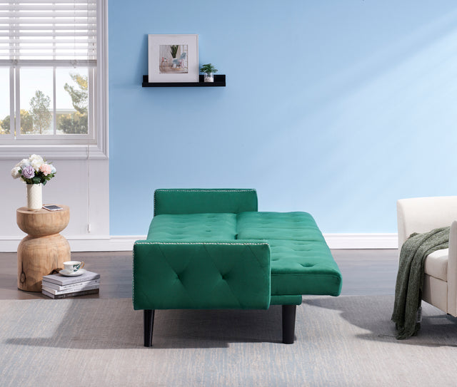 1730 Sofa Bed Armrest with Nail Head Trim with Two Cup Holders 72" Green Velvet Sofa for Small Spaces