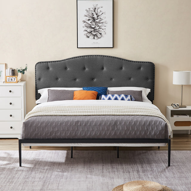 B113 King bed, Beautiful headboard with buttons Strong iron frame with high temperature paint