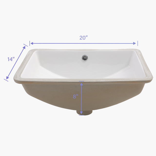 Bathroom Sink Rectangle Deep Bowl Pure White Porcelain Ceramic Lavatory Vanity Sink Basin with Overflow