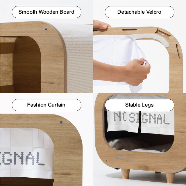 Classic Wooden TV-Shaped Cat Bed, Cat House with Cushion, White