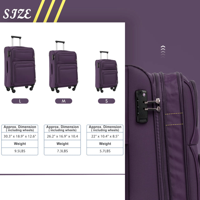 Softside Luggage Expandable 3 Piece Set Suitcase Upright Spinner Softshell Lightweight Luggage Travel Set