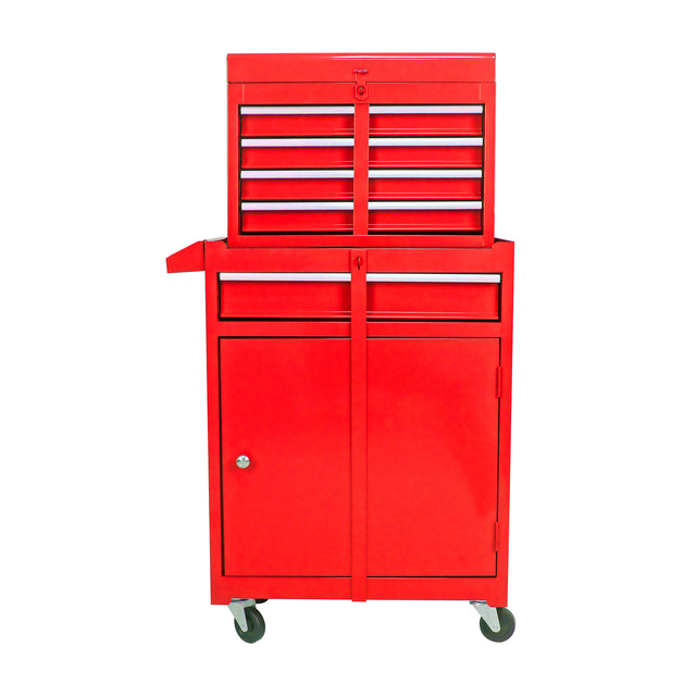 Detachable 5 Drawer Tool Chest with Bottom Cabinet and one Adjustable Shelf--Red