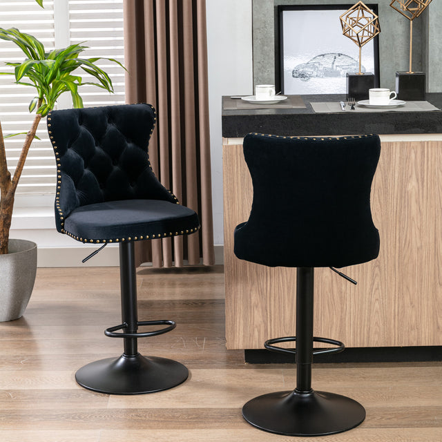A&A Furniture,Swivel Velvet Barstools Adjusatble Seat Height from 25-33 Inch, Modern Upholstered Bar Stools with Backs Comfortable Tufted for Home Pub and Kitchen Island(Black,Set of 2)