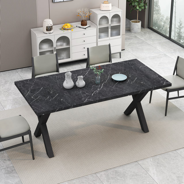 70.87"Modern Square Dining Table with Printed Black Marble Table Top+Black X-Shape Table Leg