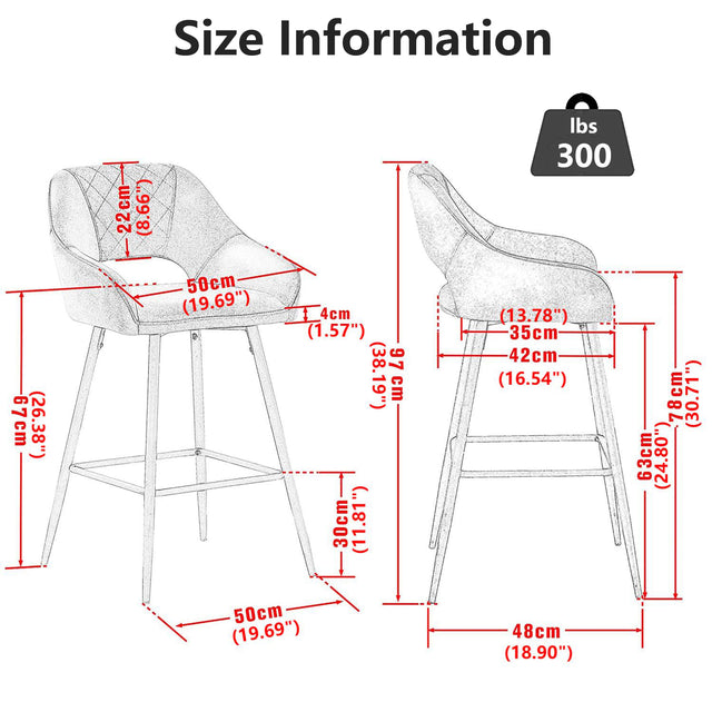 Bar Stools Set of 2 Velvet Gray Breakfast Dining Bar Stools Fixed Height Bar Chairs with Metal Frame and Footrest for Breakfast Bar, Counter, Kitchen and Home