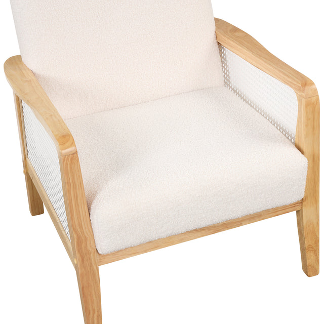 【EAT 3.10】Mid-Century Armchair Rattan Mesh Upholstered Accent Chair,Teddy Short Plush Particle Velvet Armchair for Living Room,Bedroom, Office, Studio,White