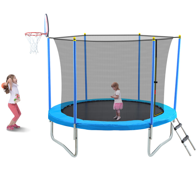 8FT Trampoline for Kids with Safety Enclosure Net, Basketball Hoop and Ladder, Easy Assembly Round Outdoor Recreational Trampoline