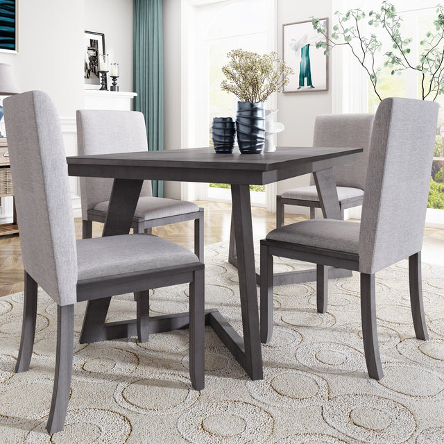 TOPMAX 5-Piece Dining Set, Wood Rectangular Table with 4 Linen Fabric Chairs, Gray