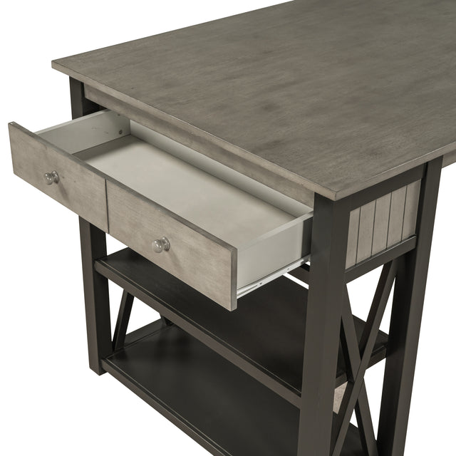 TOPMAX Rustic Wood 4-Piece Counter Height Dining Table Set with Storage Shelves and Drawer, Kitchen Table Set with 2 Stools and Bench, Gray