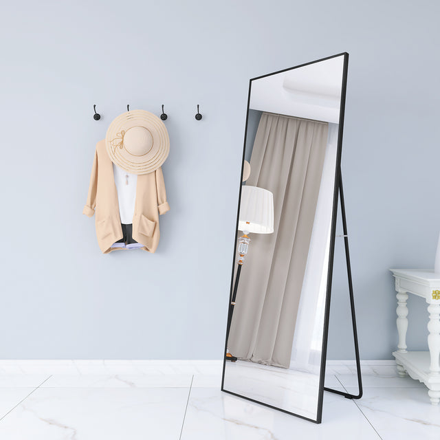 65" x 24" Full Length Mirror Hanging Standing or Leaning, Bedroom Mirror Floor Mirror Wall-Mounted Mirror with Alloy Frame, Black