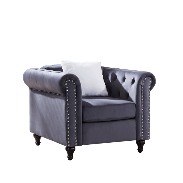 Sofa Chair, with Button and Copper nNail on Arms and Back, One White Villose Pillow, Velvet Grey (38"x34.5"x30")