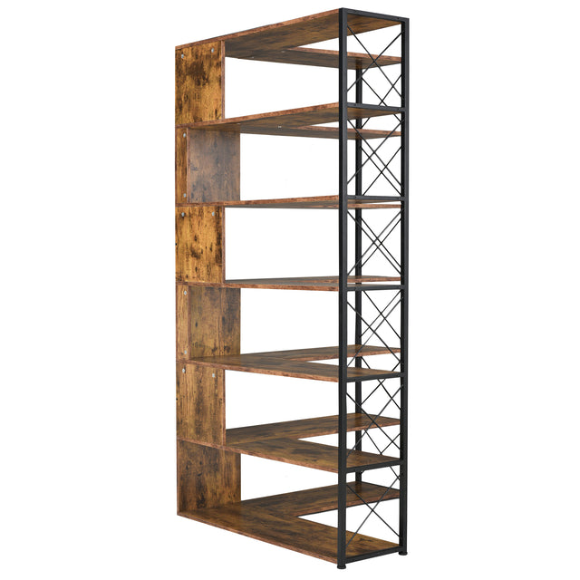 7-Tier Bookcase Home Office Bookshelf, L-Shaped Corner Bookcase with Metal Frame, Industrial Style Shelf with Open Storage, MDF Board