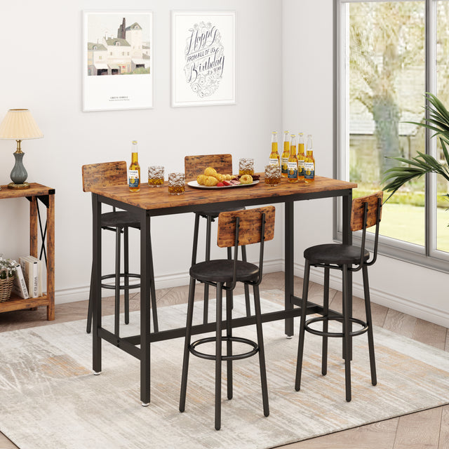 Bar Table Set with 4 Bar stools PU Soft seat with backrest, Rustic Brown, 47.24'' L x 23.62'' W x 35.43'' H.