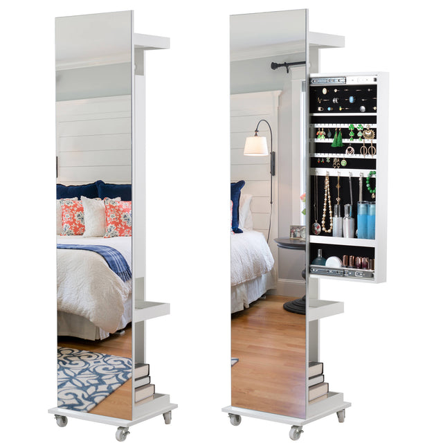 Full Mirror Fashion Movable Push-Pull Jewelry Storage Cabinet With hanger rod