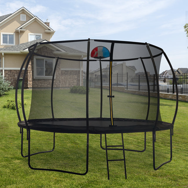 12FT TRAMPOLINE,PUMPKIN SHAPED,BOARD,SLIDE ,BASKETABLL BOARD