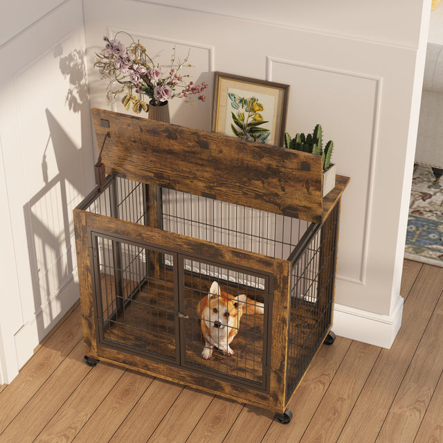 JHX Furniture Dog Cage Crate with Double Doors on Casters(Rustic Brown,31.50''W*22.05''D*24.8''H)