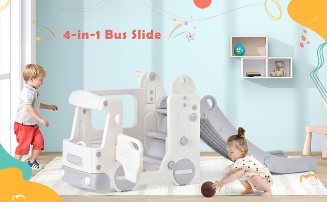Kids Slide with Bus Play Structure Climber, Freestanding Bus Climber with Slide for Toddlers, Bus Climber Slide Set with Basketball Hoop