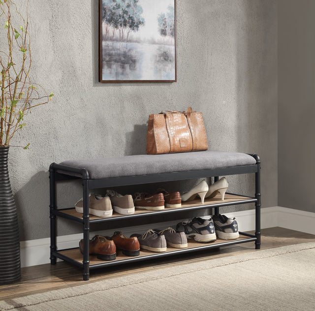 ACME Brantley Shoe Rack in Gray Fabric, Oak & Sandy Black Finish AC00755
