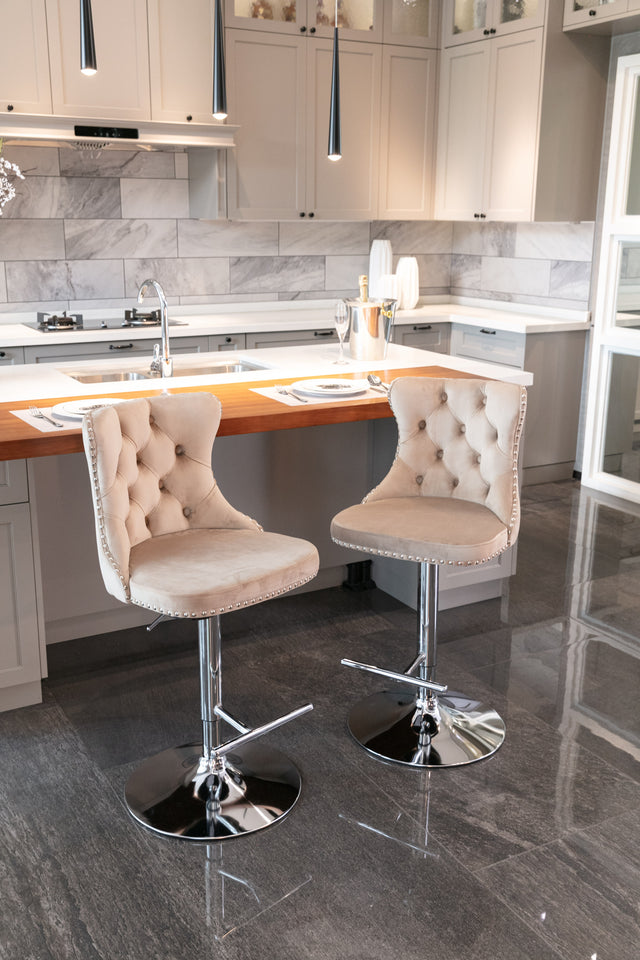 A&A Furniture,Swivel Velvet Barstools Adjusatble Seat Height from 25-33 Inch, Modern Upholstered Chrome base Bar Stools with Backs Comfortable Tufted for Home Pub and Kitchen Island(Khaki,Set of 2)
